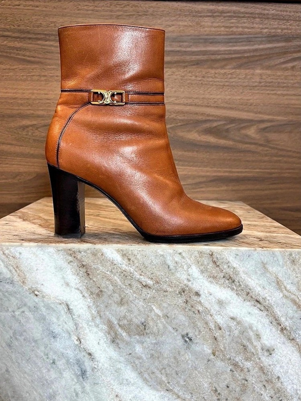 Celine Triomphe Leather Boot Brown Heeled Boots